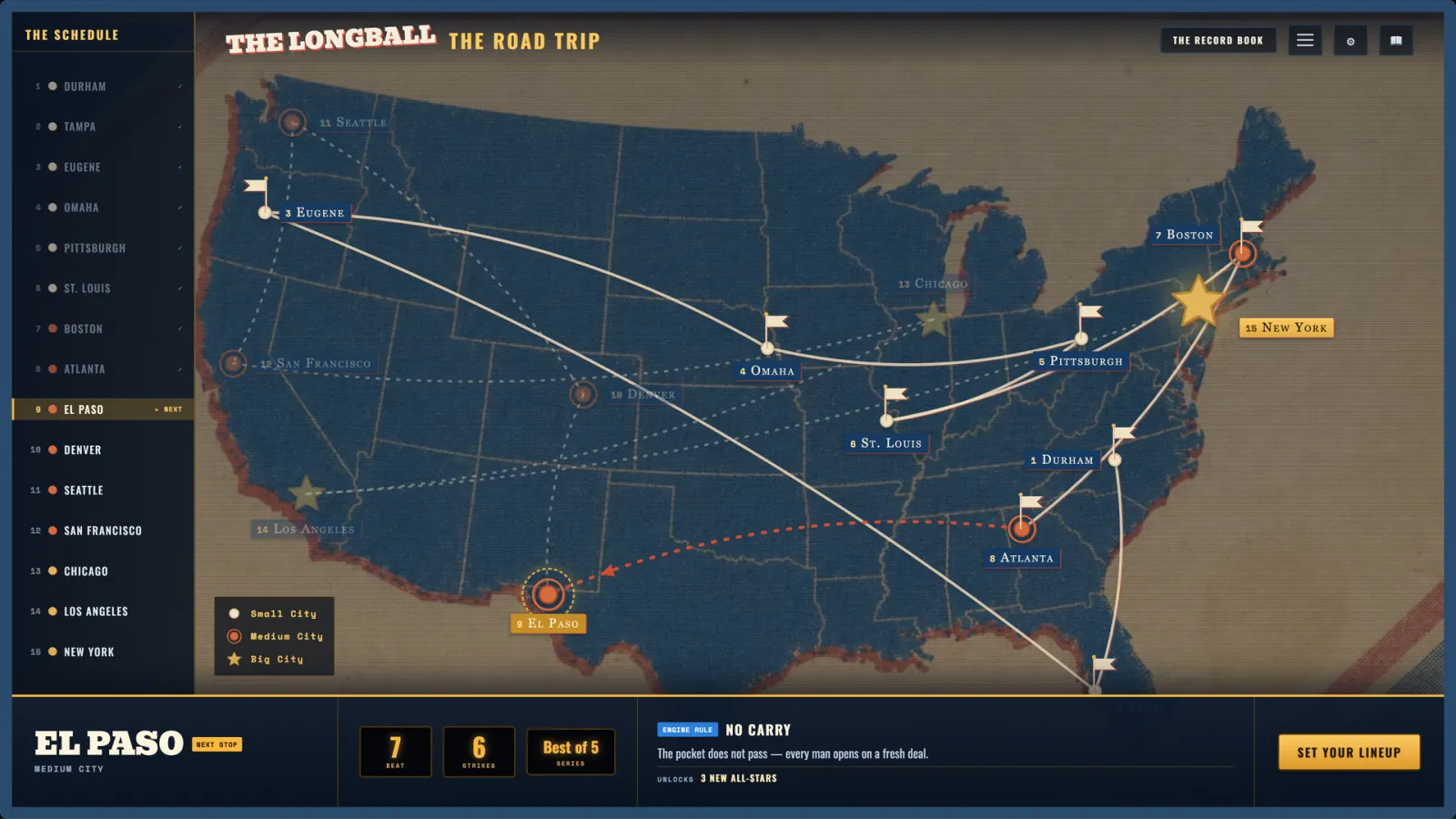 The Longball road-trip map of fifteen cities